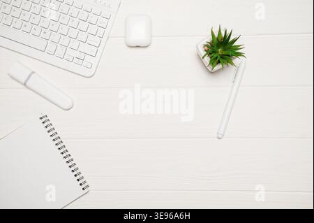 Minimaler Büroschreibtisch für Remote-Arbeiten mit weißer Tastatur, Anlage, Marker, Notebook und Ohrstöpsel auf Holz Stockfoto