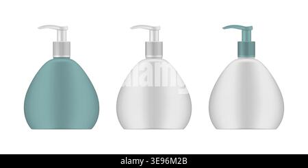Kosmetikflaschen mit Spender isoliert auf weißem Hintergrund, realistisches Modell. Verpackung von Flüssigseife, Creme oder anderen Kosmetikprodukten Stock Vektor
