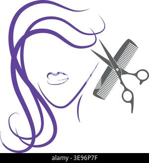 Frau, Gesicht, Schere und Kamm, Frau, Haare, Friseur, Logo, Hintergrund Stock Vektor