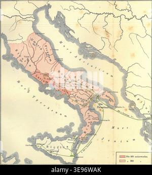 Eduard Rothert (1839–1916) war ein deutscher Historiker und Kartograph, der für seine Arbeit im Historischen Atlas, der 1906 veröffentlicht wurde, bekannt war. Dieser vollständige Scan des atlas zeigt eine Karte, die den Krieg zwischen Tarent und Pyrrhus darstellt, wobei der Schwerpunkt auf der antiken griechischen und römischen Geschichte liegt. Stockfoto