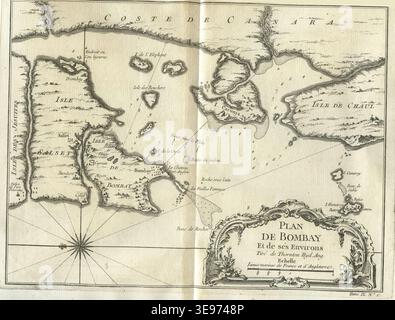 Jacques-Nicolas Bellin (1703–1772) war ein französischer Hydrograph. Isle de Bombay (1750er Jahre) kartografiert die Insel Bombay und erscheint in Prevosts Histoire générale des Voyages. Der historische Fotodruck reproduziert einen großen Scan der vollständigen Karte. Stockfoto