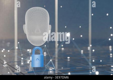Eine 3D-konzeptionelle Darstellung eines digitalen menschlichen Kopfes, das über einem blauen Vorhängeschloss auf einer leuchtenden technischen Oberfläche schwimmt. Stockfoto