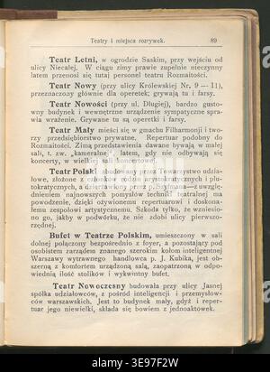 Najnowszy illustrowany przewodnik po Warszawie (1914) war ein illustrierter polnischer Führer für Warschau, der 1914 in Buchform herausgegeben wurde und von A. E. Żychowski für zeitgenössische Leser zusammengestellt wurde. Das Archivbild behält einen historischen Fotodruck bei, der eine Seite aus der Publikation wiedergibt. Stockfoto