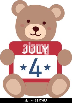 Niedlicher patriotischer Teddybär mit einem Kalender vom 4. Juli. Patriotischer brauner Teddybär flache Vektor-Illustration. Transparenter Hintergrund. Stock Vektor