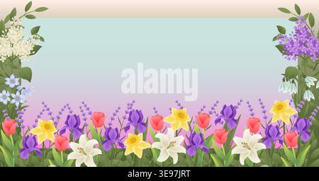 Horizontale Vektor-Illustration mit einem floralen Rahmen mit Tulpen, Narzissen, Iris und Schneeglöckchen mit Kopierraum auf farbenfrohem verlaufendem Hintergrund. Stock Vektor