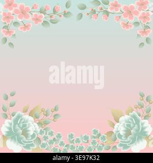 Quadratische Vektor-Illustration im orientalischen Stil mit Sakura und Pfingstrose Blumen auf Pastellverlaufshintergrund und Kopierraum. Stock Vektor