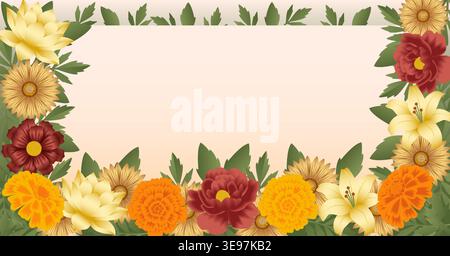 Horizontale Vektor-Illustration mit einem floralen Rahmen mit orangefarbenen Ringelblumen, gelben Lilien und roten Blumen mit Kopierraum auf einem hellen Hintergrund. Stock Vektor