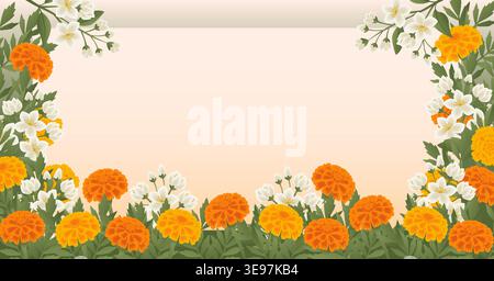 Horizontale Vektor-Illustration mit einem floralen Rahmen, der orange Ringelblumen und weiße Jasminblüten mit Kopierraum auf einem hellen Hintergrund zeigt. Stock Vektor