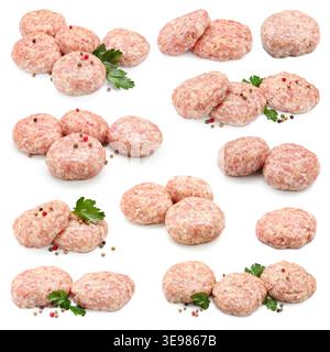 Ungekochte Fleischpasteten isoliert auf weiß, Set Stockfoto