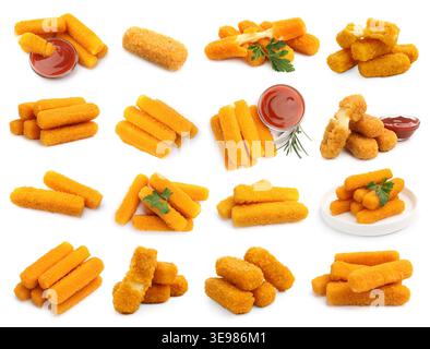 Leckere, frittierte Käsestäbchen isoliert auf weiß, Set Stockfoto