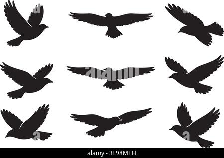 Fliegende Vogel-Silhouetten-Sammlung isoliert auf Weiß mit realistischen Flügelpositionen Stock Vektor