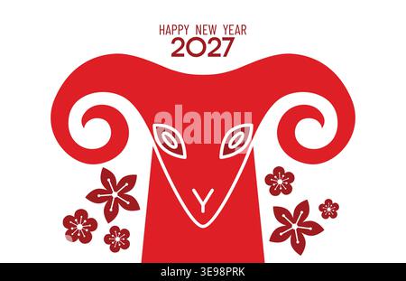 Chinesisches Neujahrsfest des Schafes minimalistisches Banner oder Mondneujahr 2027 Grußkarte Hintergrund. Zodiac Schafkopf im Papierschnitt. Stock Vektor
