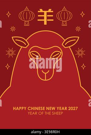 Vorlage für das vertikale Poster Jahr des Schafes 2027. Zodiac-Schafporträt mit dekorativen chinesischen Windlichtern. Stock Vektor