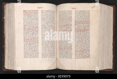 Jan van Ruusbroec (1293–1381) war ein flämischer Mystiker und Theologe. Der historische Fotodruck dokumentiert 123 seiner gesammelten Werke (1480) mit detaillierten mittelalterlichen Texten und kirchlichen Handschriften. Stockfoto