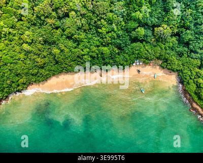 Blick aus der Vogelperspektive auf Dschungelstrand mit dichtem tropischem Wald, goldenem Sand und türkisfarbenen Meereswellen mit kleinen Booten in Unawatuna, Südprovinz, Stockfoto