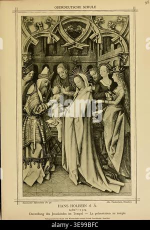 Hans Holbein der ältere (um 1460–1524) war ein deutscher Maler der Spätgotik und Frührenaissance. Darstellung des Jesuskindes im Tempel ist ein religiöses Gemälde, das ihm zugeschrieben wird. Das Archivbild ist eine fotografische Reproduktion aus dem Jahr 1889 in der Reihe Klassischer Bilderschatz. Stockfoto