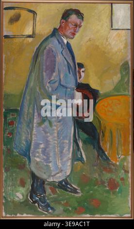 Edvard Munch (1863–1944) malte 1915 Selbstporträt mit Hut und Mantel und zeigte seinen Reifen Stil. Das Werk fängt Munch in kontemplativer Pose mit Hut und Mantel ein. Die düsteren Töne und die introspektive Stimmung spiegeln Munchs charakteristische Erforschung innerer emotionaler zustände sowie seine existentiellen Ansichten über das Leben wider. Stockfoto