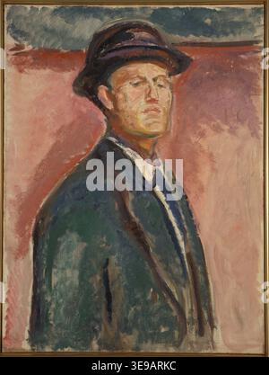 Edvard Munch (1863–1944) malte 1913 Selbstporträt mit Hut, indem er einen minimalistischen Ansatz mit dunklen Farben verwendete. Das Porträt fängt Munch in einem reflektierenden, fast melancholischen Zustand ein. Die dezente Beleuchtung und die gedämpften Töne bringen Munchs introspektive Natur und seine Neigung zum Erkunden tiefer emotionaler zustände zum Ausdruck. Stockfoto