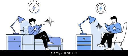 Der Mensch sitzt mit dem Lesen eines Buches unter einer Schreibtischlampe beschäftigt und symbolisiert in dieser Vektor-Illustration den Erwerb von Wissen und die intellektuelle Entwicklung. Stock Vektor