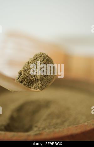 Matcha-Pulver auf einem Holzlöffel Nahaufnahme Stockfoto