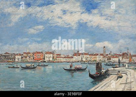 Eugène Louis Boudin (1824–1898) war ein französischer Landschaftsmaler, der für seine Beiträge zur impressionistischen Bewegung bekannt war. *Venise, vue Prise de San Giorgio* ist ein bekanntes Gemälde, das einen malerischen Blick auf Venedig von der Insel San Giorgio aus bietet. Das Archivbild ist eine fotografische Reproduktion dieses ikonischen Kunstwerks, das Boudins charakteristisches Pinselwerk und seine Lichtbehandlung zeigt, die viele impressionistische Künstler beeinflusst haben. Stockfoto