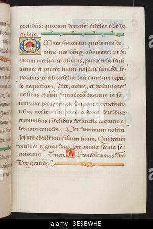 Claude Gouffier (* 1569) war ein französischer Adliger und Mäzen der Künste im 16. Jahrhundert. Das *Livre d’Heures*, das vor 1569 geschaffen wurde, ist eine französische Handschrift mit gotischer Schrift und komplizierten Illustrationen. Dieses Archivbild nimmt eine Seite des Manuskripts auf und zeigt sein kunstvolles Design und seinen religiösen Text. Stockfoto