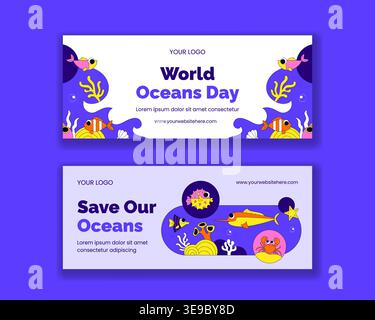 World Ocean Day Flat Cartoon Hand Gezeichnet Social Media Banner Hintergrund Stock Vektor