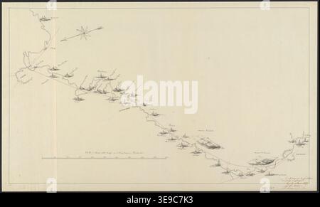 H. M. J. de Rudder war ein belgischer Ingenieur, der 1827 diese Karte schuf, die die Sanierung der Schelde zwischen Gent und Tournai zeigt. Die Karte zeigt eine Federzeichnung mit roter und schwarzer Tinte, die die Änderungen am Flussverlauf zeigt. Stockfoto