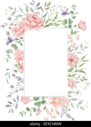 Blumenrahmen in Aquarellfarben mit rosafarbenen Pfingstrosen, Eukalyptus und Grün. Handgemalter botanischer vertikaler Rahmen für Hochzeitseinladungen mit Kopierraum Stock Vektor