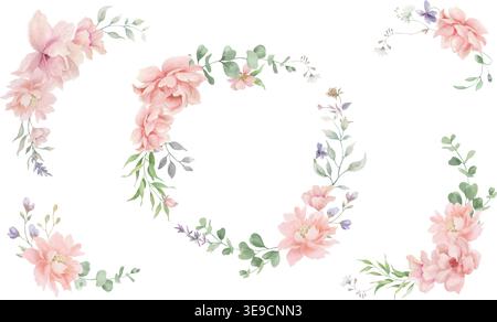 Aquarellblumenkollektion mit Kranz, Blumensträußen und Eckarrangements. Handgemalte rosa Pfingstrosen, Eukalyptus, Grün isoliert auf weiß. Vektor. Stock Vektor