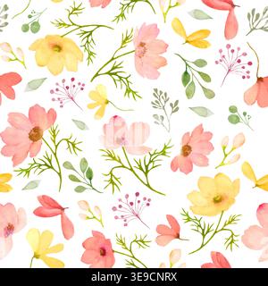 Nahtloses Aquarellmuster mit pfirsichfarbenen und gelben Kosmos-Blüten, grünen Blättern und Zweigen. Botanischer Hintergrund mit Blumenwiederholung für Stoff und Tapeten Stock Vektor