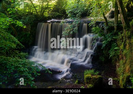 Seidenförmiger Wasserfall, der über gestufte Felsen in Swaledale stürzt Stockfoto