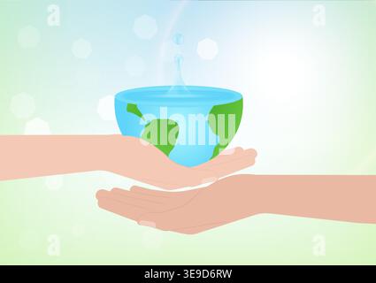 Wasser sparen oder Welt retten. Hand hält Tropfen Wasser und Welt. World Water Day und Environment Day. Vektorabbildung. Stock Vektor