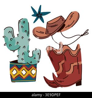 Wild West Set, Cowboystiefel und Hut mit einem stilvollen Kakteen in einem bemalten Topf, Kleidung für Tourismus und Unterhaltung Stock Vektor