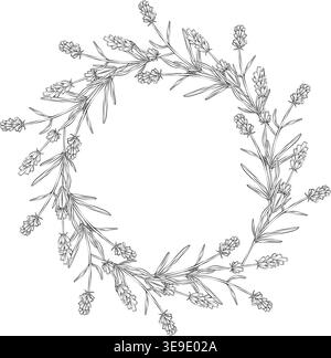 Lavendelkranz aus Zweigen, Blättern und Blüten, die einen runden Rahmen bilden. Botanische Vektorlinie, isoliert auf weißem Hintergrund. Blumenmuster Stock Vektor