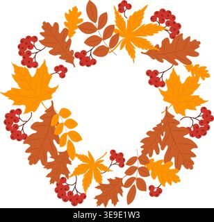 Herbstkranz aus bunten Blättern und vogelbeeren. Ideal für Herbstgrußkarten, Einladungen, Erntefeste oder saisonale Dekoration. Vektorabbildung Stock Vektor