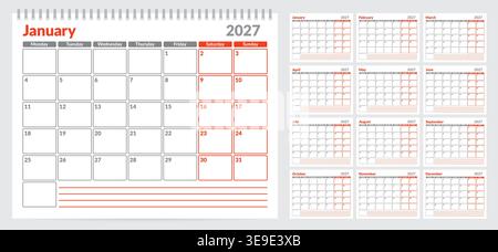 Kalender 2027-Planervorlage. Woche beginnt am Montag. Satz von 12 Monaten. CMYK. Vektorabbildung für Druck Stock Vektor