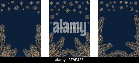 Elegantes marineblaues Weihnachtskartenset mit goldenen Kiefernzweigen und Schneeflocken, luxuriöse Hintergrundschablonen für Grußkarten, Einladungen und s Stock Vektor