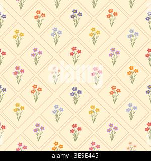 Nahtloses Retro-Blumenmuster mit bunten kleinen Blumen in einem Diamantgitter auf hellem Hintergrund. Vintage-Tapeten oder Stoffmuster. Vektorillustrat Stock Vektor