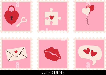 Valentinstag Briefmarken-Set mit Herz-Vorhängeschloss und Schlüssel, Puzzleteil, Ballons, Liebesbrief, Kuss-Lippen und Herz-Chat-Blase auf rosa Hintergrund. Stock Vektor