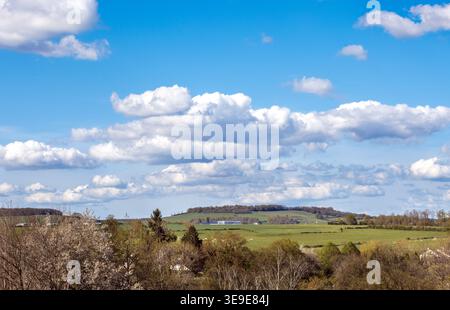 Eine wunderschöne Landschaft mit sanften grünen Hügeln, bedeckt mit üppigem Gras unter einem Himmel mit flauschigen weißen Wolken. Die Szene enthält einige Bäume im Foregr Stockfoto