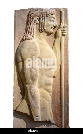 Ein Grabstele eines Kriegers, Hopliten, aus etwa 510 v. Chr. Athen, mit Resten bemalter Dekoration. Nationales Archäologisches Museum, Athen, Greec Stockfoto