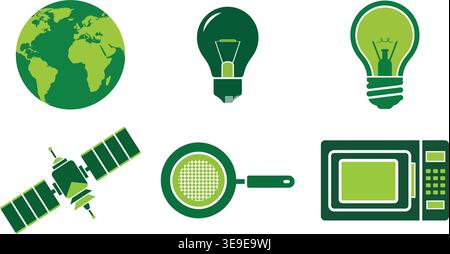 Technologie und Wissenschaft Vektor-Icon Set mit Satelliten Glühbirne Mikrowelle und Globe Stock Vektor