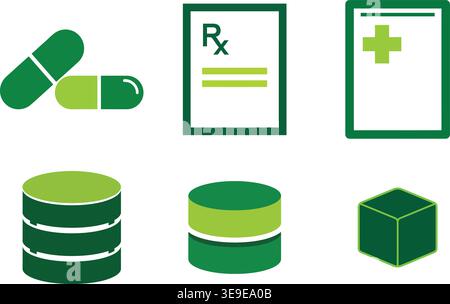 Symbole für Apotheke und Datenspeicherung mit medizinischen Verschreibungspflichtigen Formularen und pharmazeutischen Kapseln Stock Vektor