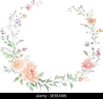 Blumenkranz in Aquarellfarben mit Rosen, Wildblumen, Kräutern und Lavendel. Handgemalter botanischer Rahmen für Hochzeitseinladungen und Sommerdekor. Stock Vektor