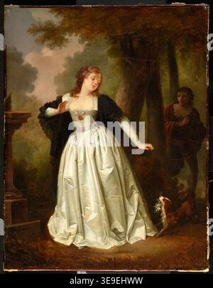 Henri Nicolas van Gorp (* 1756–1820) war ein französischer Maler. Der historische Fotodruck dokumentiert das Öl auf Leinwand um 1804 Ah! Le Voilà zeigt einer jungen Frau in einem Park, die einen Blumenstrauß eines Hundes von einem versteckten jungen Mann erhält. Stockfoto