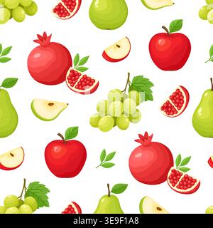 Nahtloses Muster mit frischen Früchten auf weißem Hintergrund. Wiederholter Hintergrund mit rotem Apfel, Granatapfel, Birne und Trauben. Gesunde Bio-Lebensmittel Konz Stockfoto