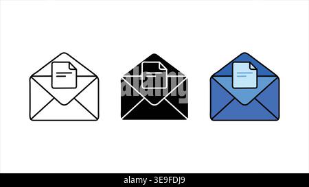 Drei Umschlagstile mit Dokumentensymbol für digitale Kommunikation und geschäftliche E-Mail-Schnittstelle auf weißem Hintergrund Stock Vektor