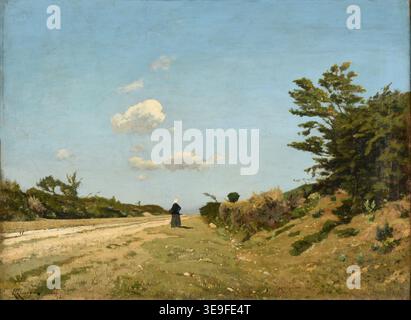 Henri Harpignies (1819–1916) war ein französischer Landschaftskünstler, der für seine Darstellungen von Naturszenen bekannt war. De Saint-Privé à Blénéau. Souvenir de l'Yonne (1885) fängt eine Landsfrau ein, die auf einem grasbewachsenen Weg entlang eines erhöhten Damms geht und an die friedliche Schönheit des ländlichen Lebens in der Region Yonne erinnert. Das Archivfoto bewahrt das Öl auf der Leinwand. Stockfoto