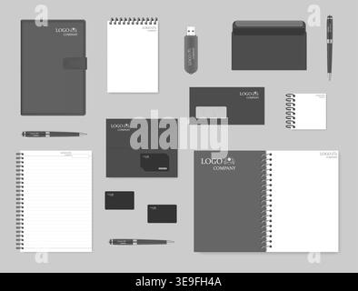 Modell-Set für Corporate Brand Identity Design. Notizbücher, Umschläge, Visitenkarten, Kartenhalter, Stift, USB-Flash-Laufwerk. Vektorvorlage Stock Vektor